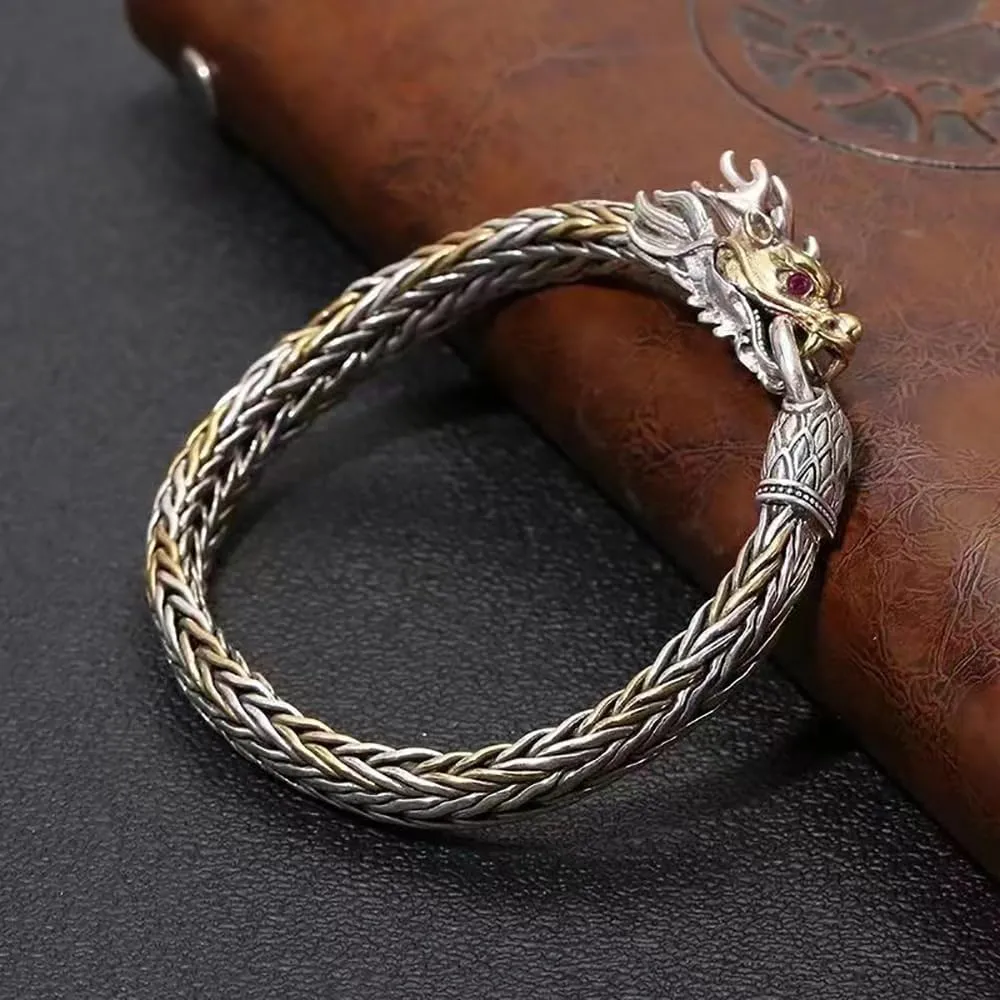 Feng Shui Dragon Bracelet, vintage Domineering Dragon Bracelet, Neo Chinese Style Wealth Luck Happiness lucky Amulet Bracelet, Sterling Silver Bangle Bracelet