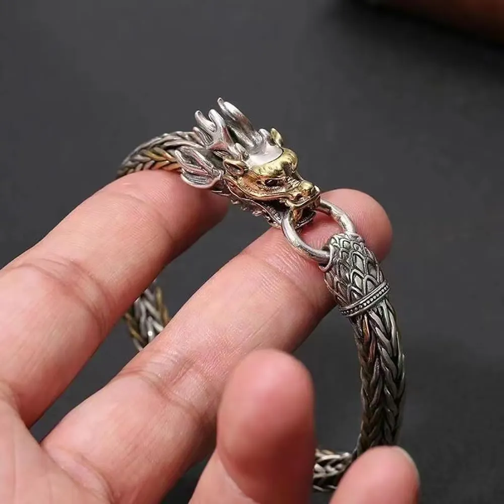 Feng Shui Dragon Bracelet, vintage Domineering Dragon Bracelet, Neo Chinese Style Wealth Luck Happiness lucky Amulet Bracelet, Sterling Silver Bangle Bracelet