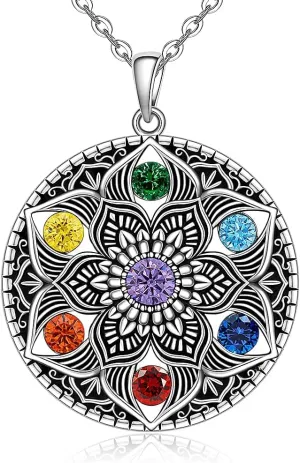 Fenthring Mandala Chakra Necklace for Women Sterling Silver Yoga Lotus Flower Necklace Pendant 7 Chakra Gifts