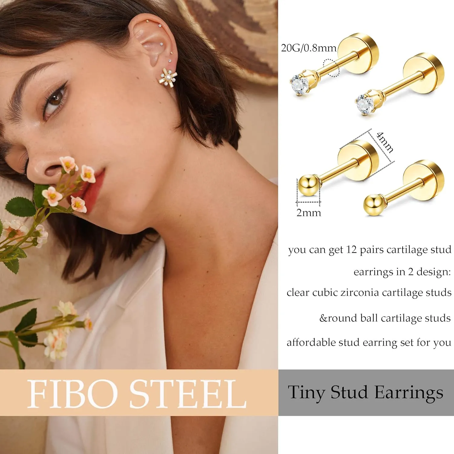 FIBO STEEL 12 Pairs 20G Cartilage Earrings Stud for Women Men Stainless Steel Tiny 2mm & 3-8mm Studs CZ Round Ball Flatback Earring Set