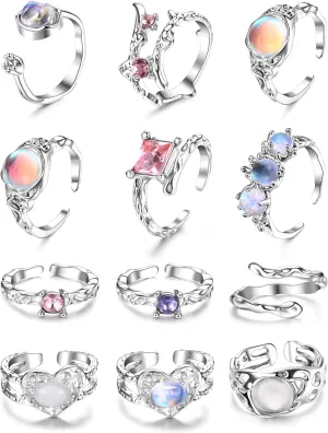 FIBO STEEL 12Pcs Y2k Rings Set for Women Grunge Jewelry Silver Adjustable Open Ring Moonstone Pearl Heart Cute Gothic Goth Aesthetic Y2k Accessories Stacking Rings Set