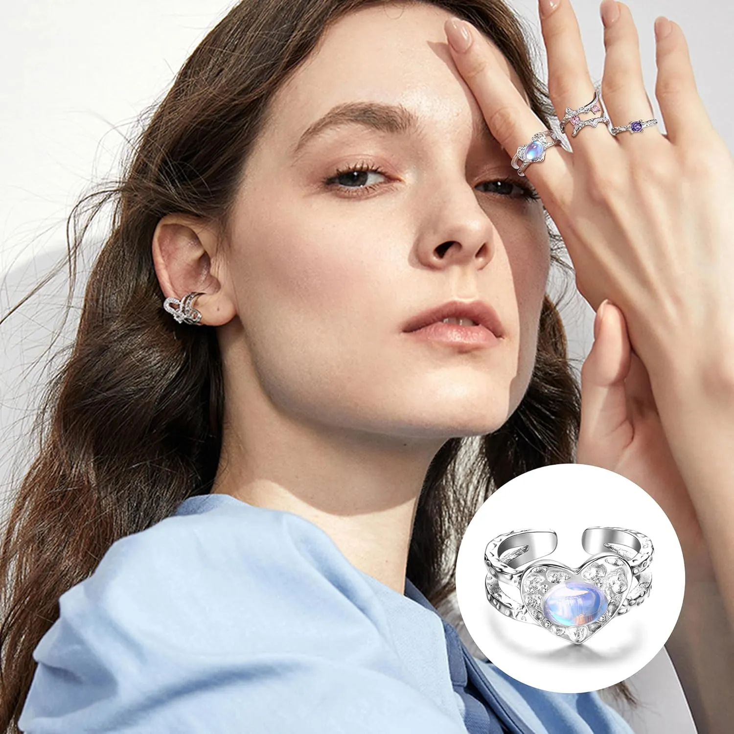 FIBO STEEL 12Pcs Y2k Rings Set for Women Grunge Jewelry Silver Adjustable Open Ring Moonstone Pearl Heart Cute Gothic Goth Aesthetic Y2k Accessories Stacking Rings Set