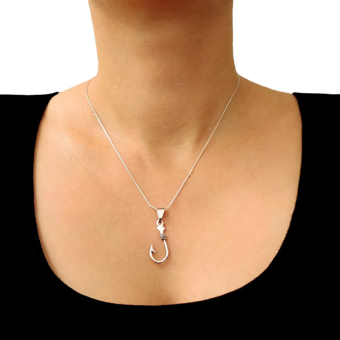 Fish Hook 925 Sterling Silver Pendant Necklace