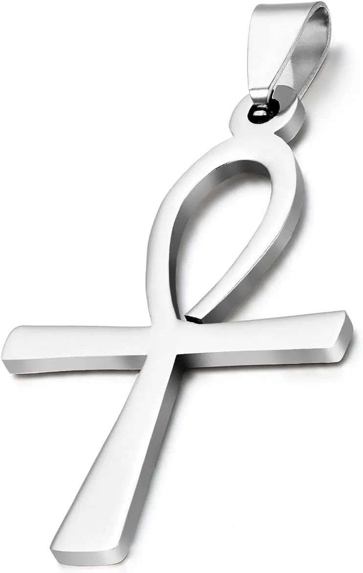 Flongo Men's Womens Tribal Stainless Steel Silver Egyptian Ankh Cross Pendant Collectible Egypt Necklace, 22 inch Chain