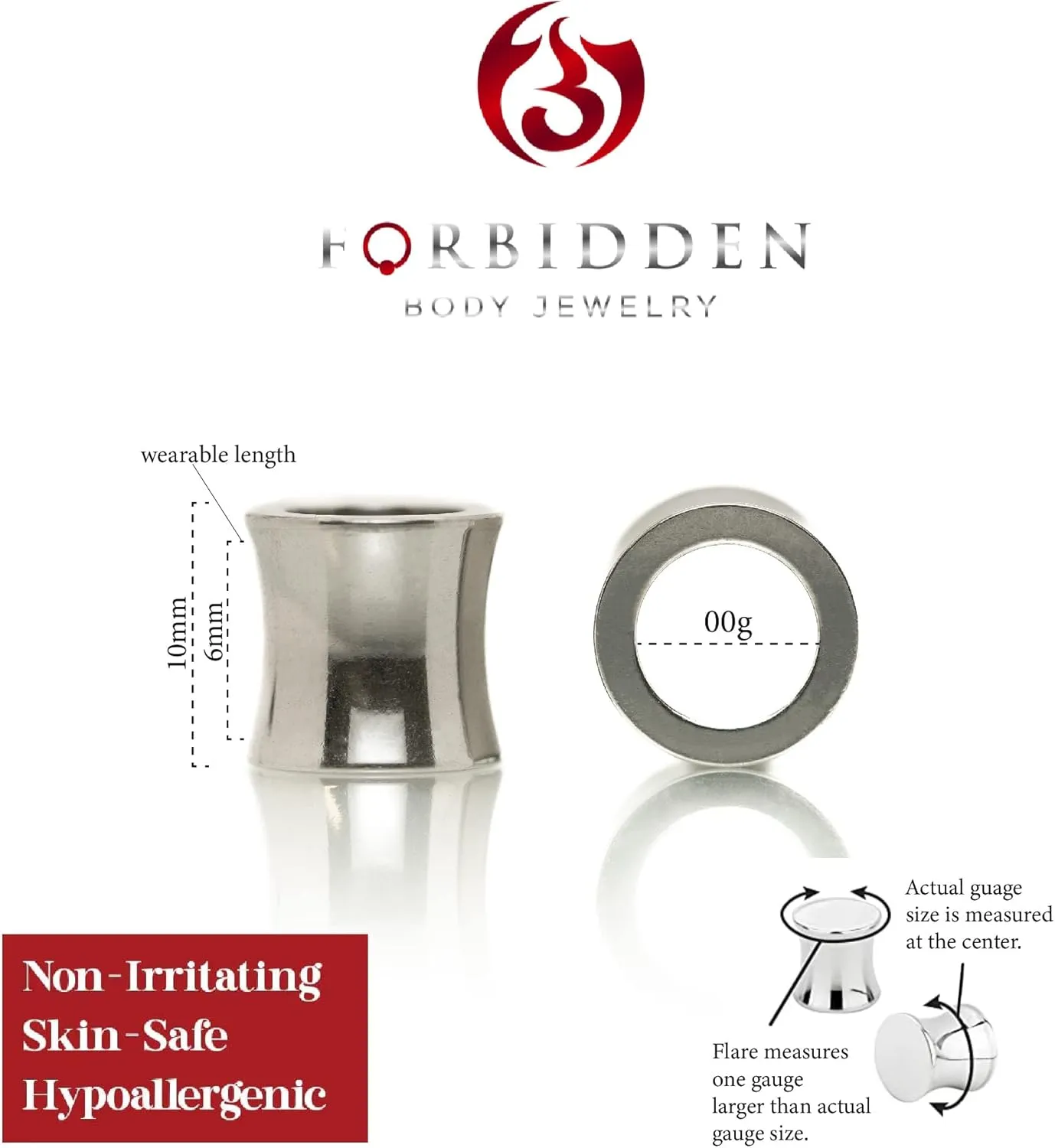 Forbidden Body Jewelry Gauges, Ear Plug, Metal Tunnels - 316L Surgical Steel, Hand Polished, Thick Double Flared Saddle Tunnel Plug (Silver, Black, Gold PVD Plated)