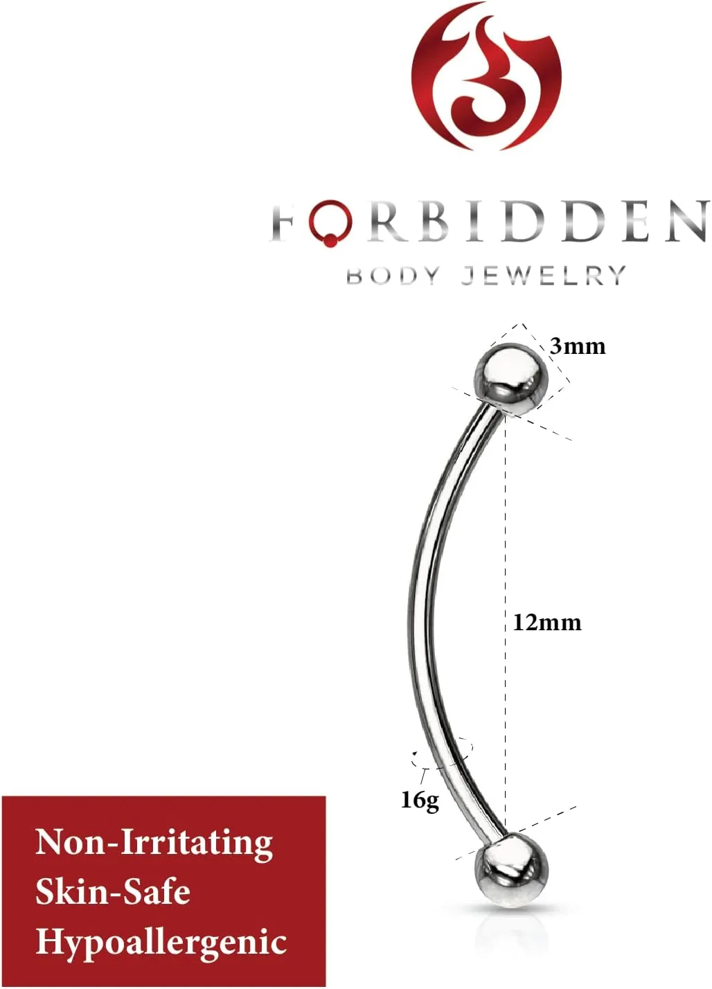 Forbidden Body Jewelry Snake Eyes Piercing Jewelry Tongue, Conch, Belly Button or Eyebrow Rings for Women & Men, 16g Curved Barbell 3mm Solid Ball Ends Surgical Steel Piercing Silver, Choose Your Size