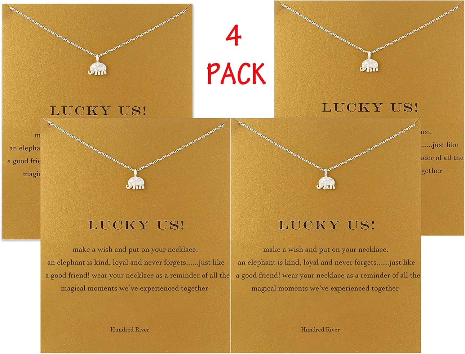 Friendship Clover Necklace Unicorn Good Luck Elephant Necklace with Message Card Gift Card (4pack)