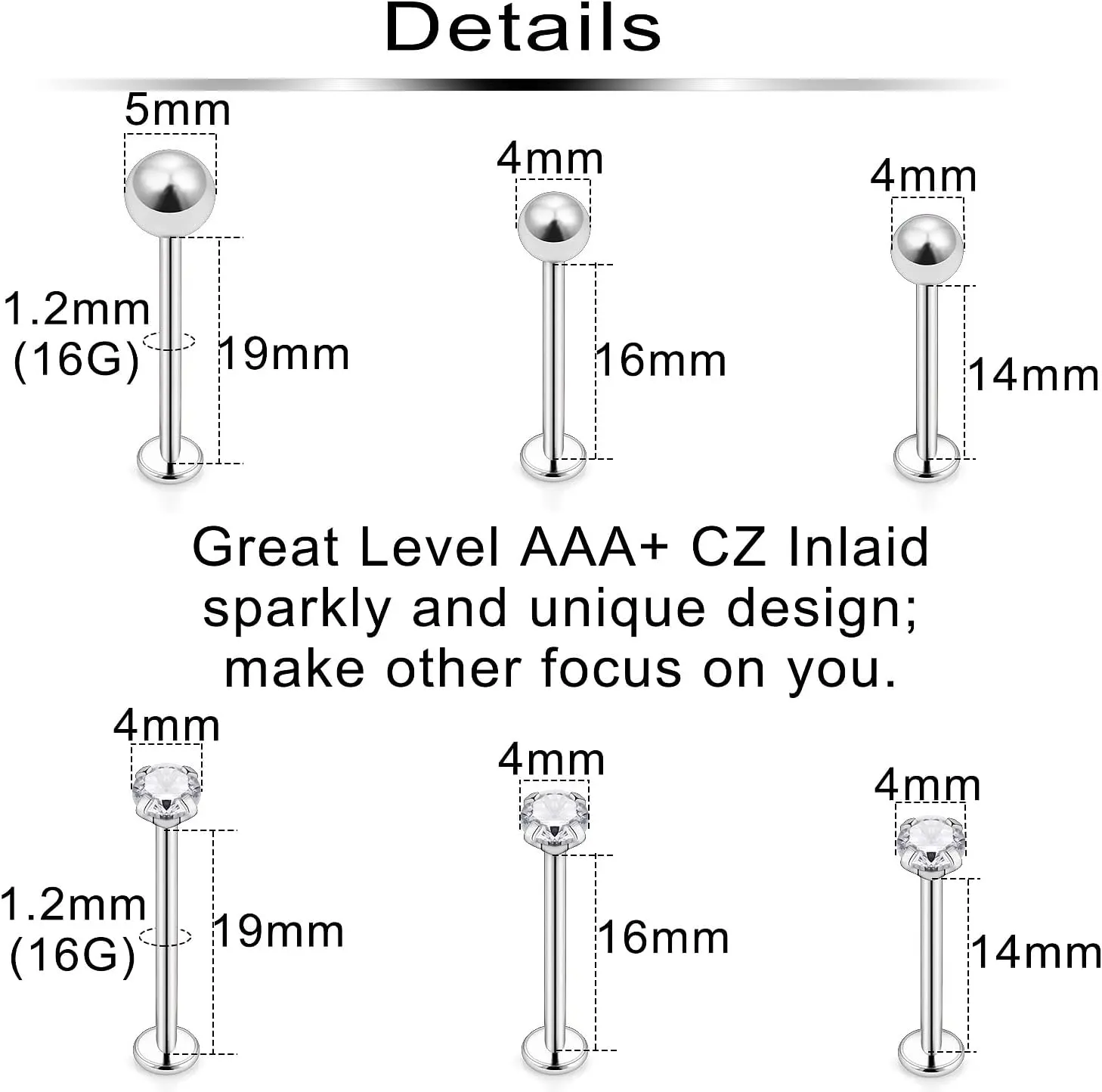Ftovosyo 12Pcs 14G 16G Cheek Piercing Jewelry Stainless Steel Dimple Rings Labret Long Tongue Barbell Body Piercing Jewelry for Women Men Bar Length 14mm-19mm