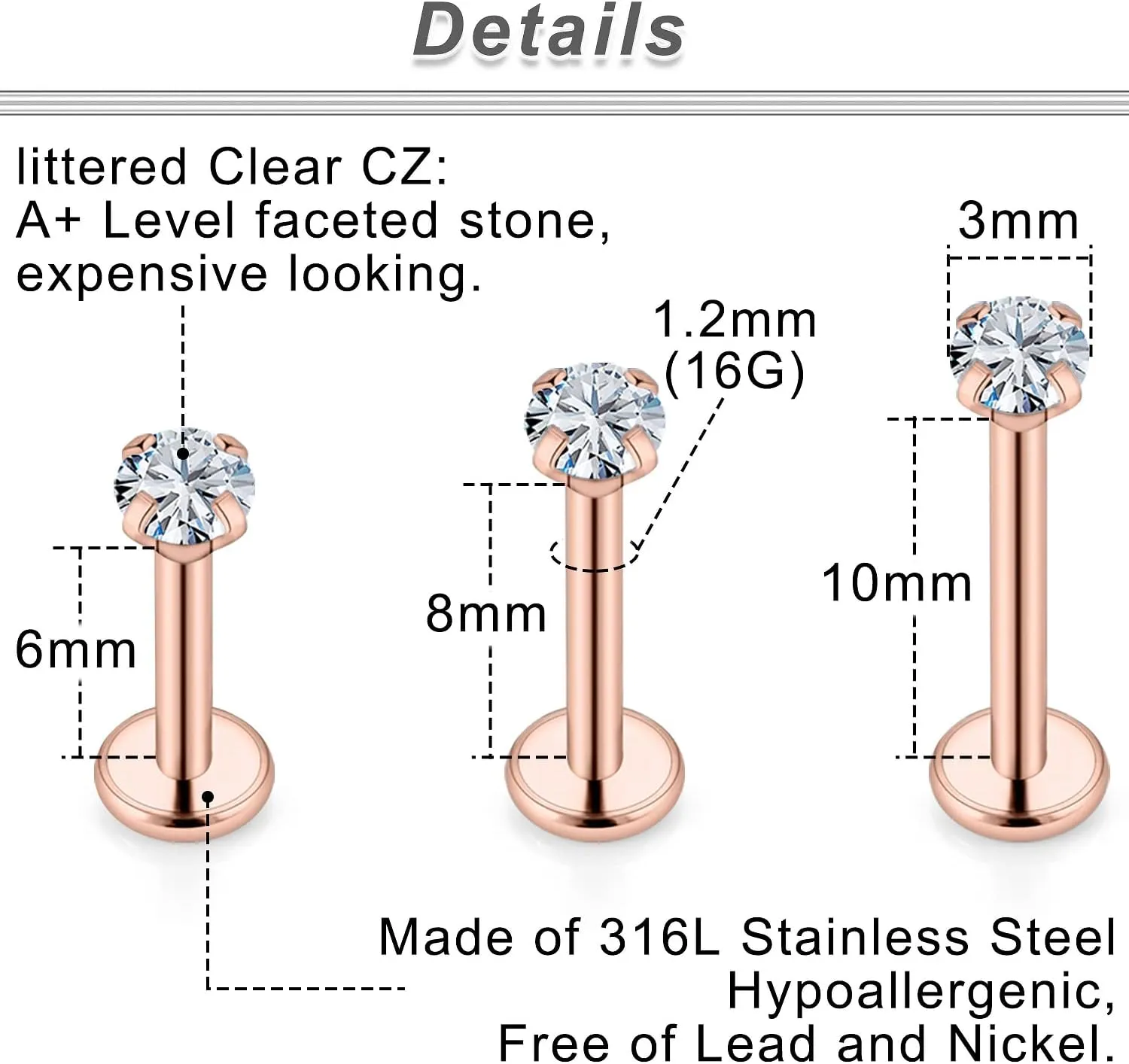 Ftovosyo 16G Medusa Piercing Jewelry Surgical Steel Labret Jewelry 6mm 8mm 10mm Length Snake Bite Ashley Lip Rings Studs Conch Helix Tragus Earring for Women Men 18Pcs