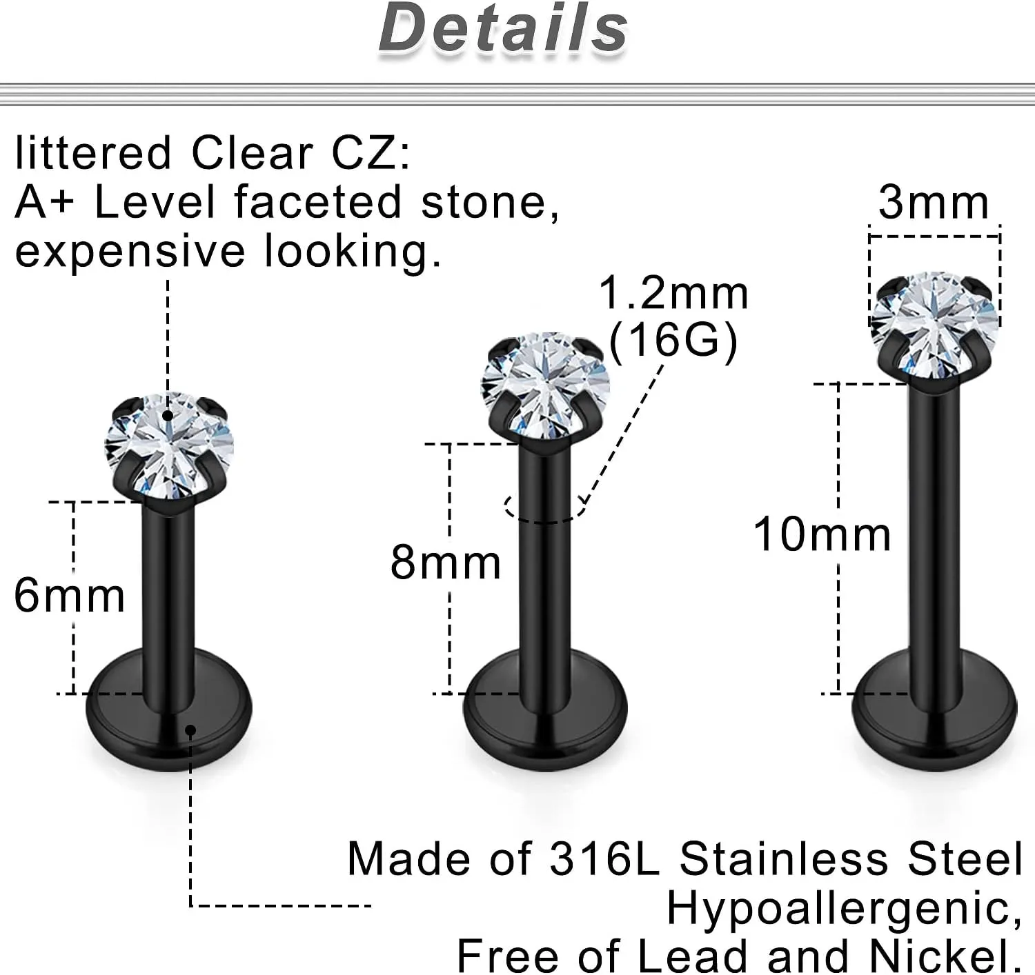 Ftovosyo 16G Medusa Piercing Jewelry Surgical Steel Labret Jewelry 6mm 8mm 10mm Length Snake Bite Ashley Lip Rings Studs Conch Helix Tragus Earring for Women Men 18Pcs