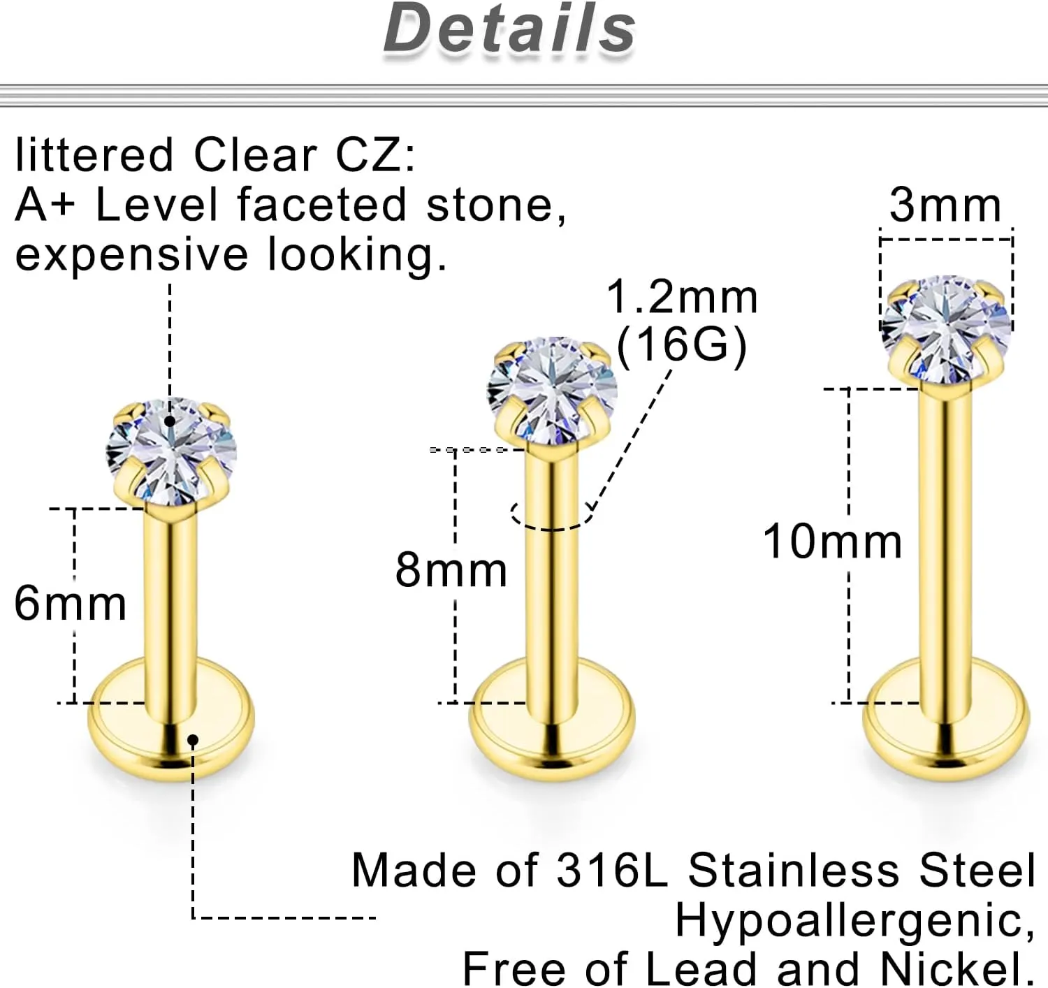 Ftovosyo 16G Medusa Piercing Jewelry Surgical Steel Labret Jewelry 6mm 8mm 10mm Length Snake Bite Ashley Lip Rings Studs Conch Helix Tragus Earring for Women Men 18Pcs