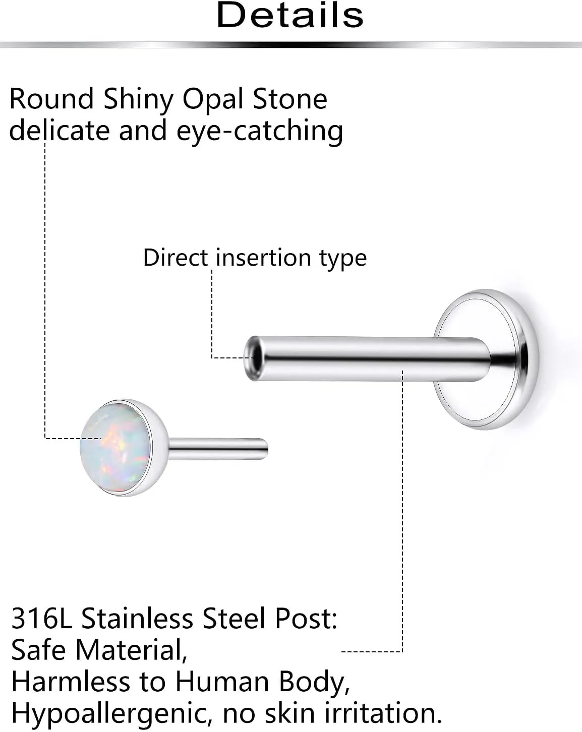 Ftovosyo 20G 18G Threadless Push in Nose Rings Studs Surgical Steel Pushin Nose Stud 2mm 2.5mm 3mm Round Opal Nose Piercing Jewelry for Women Men