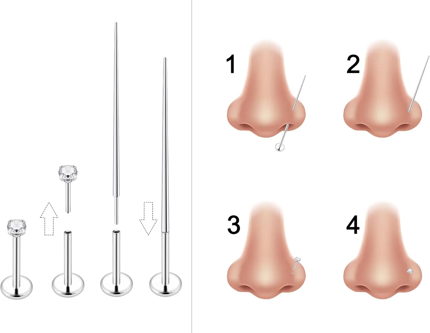 Ftovosyo 20G 18G Threadless Push in Nose Rings Studs Surgical Steel Pushin Nose Stud 2mm 2.5mm 3mm Round Opal Nose Piercing Jewelry for Women Men