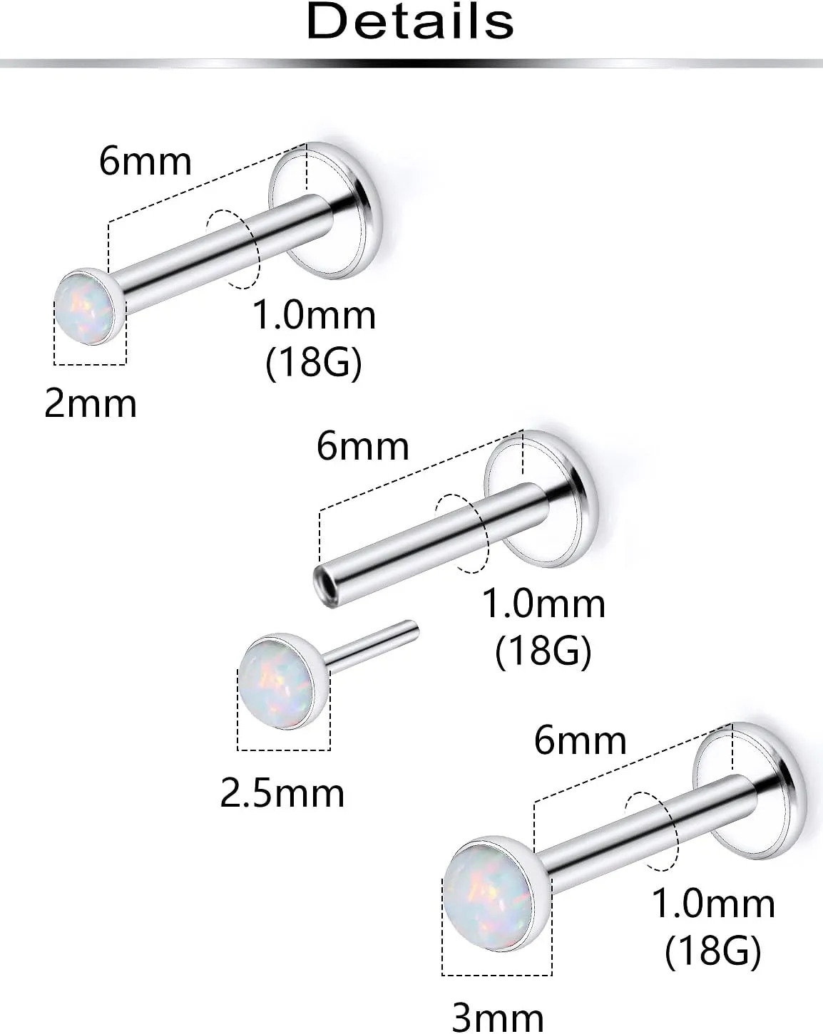 Ftovosyo 20G 18G Threadless Push in Nose Rings Studs Surgical Steel Pushin Nose Stud 2mm 2.5mm 3mm Round Opal Nose Piercing Jewelry for Women Men