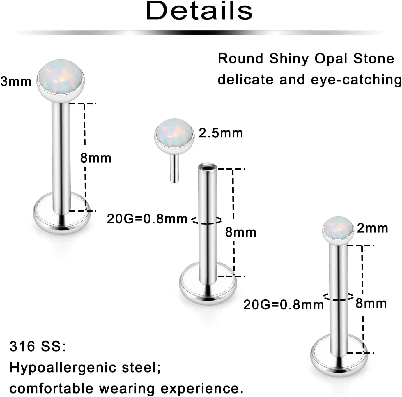 Ftovosyo 20G 18G Threadless Push in Nose Rings Studs Surgical Steel Pushin Nose Stud 2mm 2.5mm 3mm Round Opal Nose Piercing Jewelry for Women Men