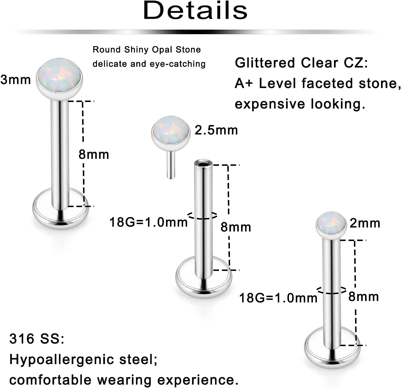 Ftovosyo 20G 18G Threadless Push in Nose Rings Studs Surgical Steel Pushin Nose Stud 2mm 2.5mm 3mm Round Opal Nose Piercing Jewelry for Women Men
