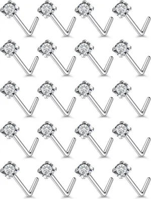 Ftovosyo 20Pcs Nose Rings Studs Surgical Steel L-Shape Nose Rings for Women 2mm Cubic Zirconia Nose Screw Studs Hypoallergenic Nose Piercings 22g 20g 18g