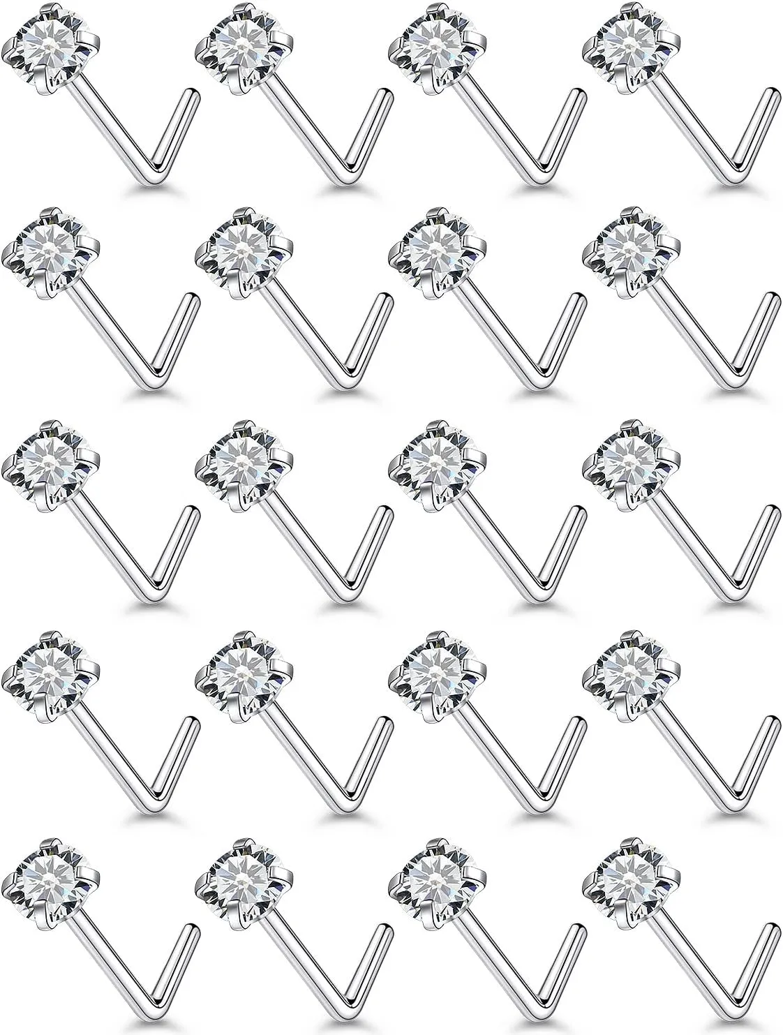 Ftovosyo 20Pcs Nose Rings Studs Surgical Steel L-Shape Nose Rings for Women 2mm Cubic Zirconia Nose Screw Studs Hypoallergenic Nose Piercings 22g 20g 18g