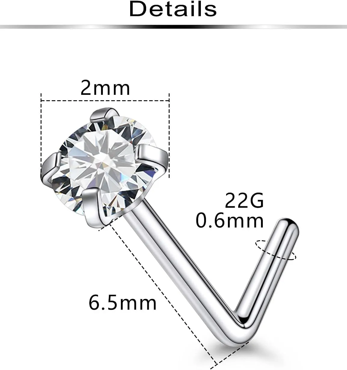 Ftovosyo 20Pcs Nose Rings Studs Surgical Steel L-Shape Nose Rings for Women 2mm Cubic Zirconia Nose Screw Studs Hypoallergenic Nose Piercings 22g 20g 18g