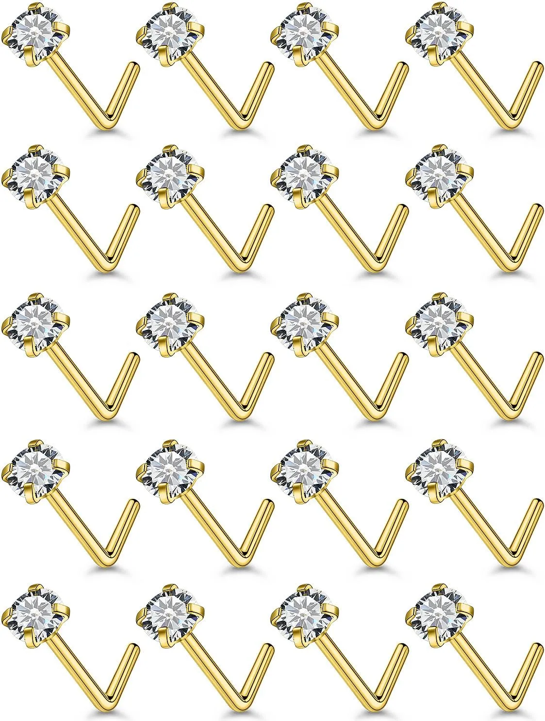Ftovosyo 20Pcs Nose Rings Studs Surgical Steel L-Shape Nose Rings for Women 2mm Cubic Zirconia Nose Screw Studs Hypoallergenic Nose Piercings 22g 20g 18g