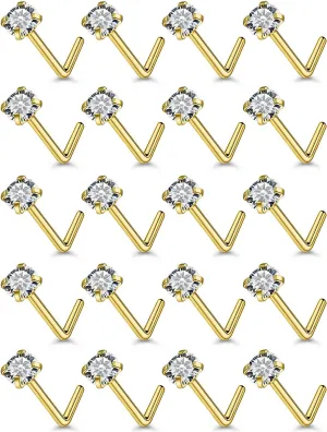 Ftovosyo 20Pcs Nose Rings Studs Surgical Steel L-Shape Nose Rings for Women 2mm Cubic Zirconia Nose Screw Studs Hypoallergenic Nose Piercings 22g 20g 18g