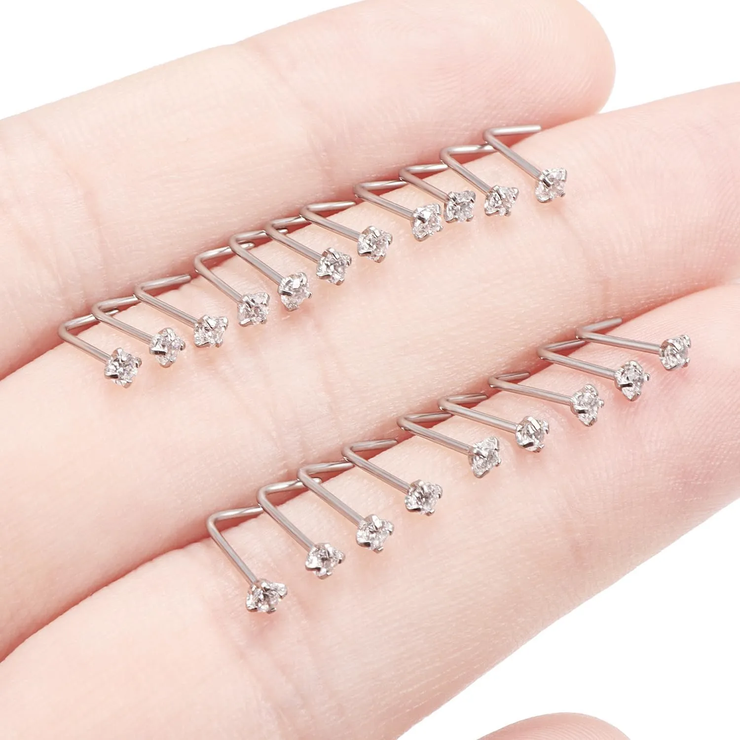 Ftovosyo 20Pcs Nose Rings Studs Surgical Steel L-Shape Nose Rings for Women 2mm Cubic Zirconia Nose Screw Studs Hypoallergenic Nose Piercings 22g 20g 18g
