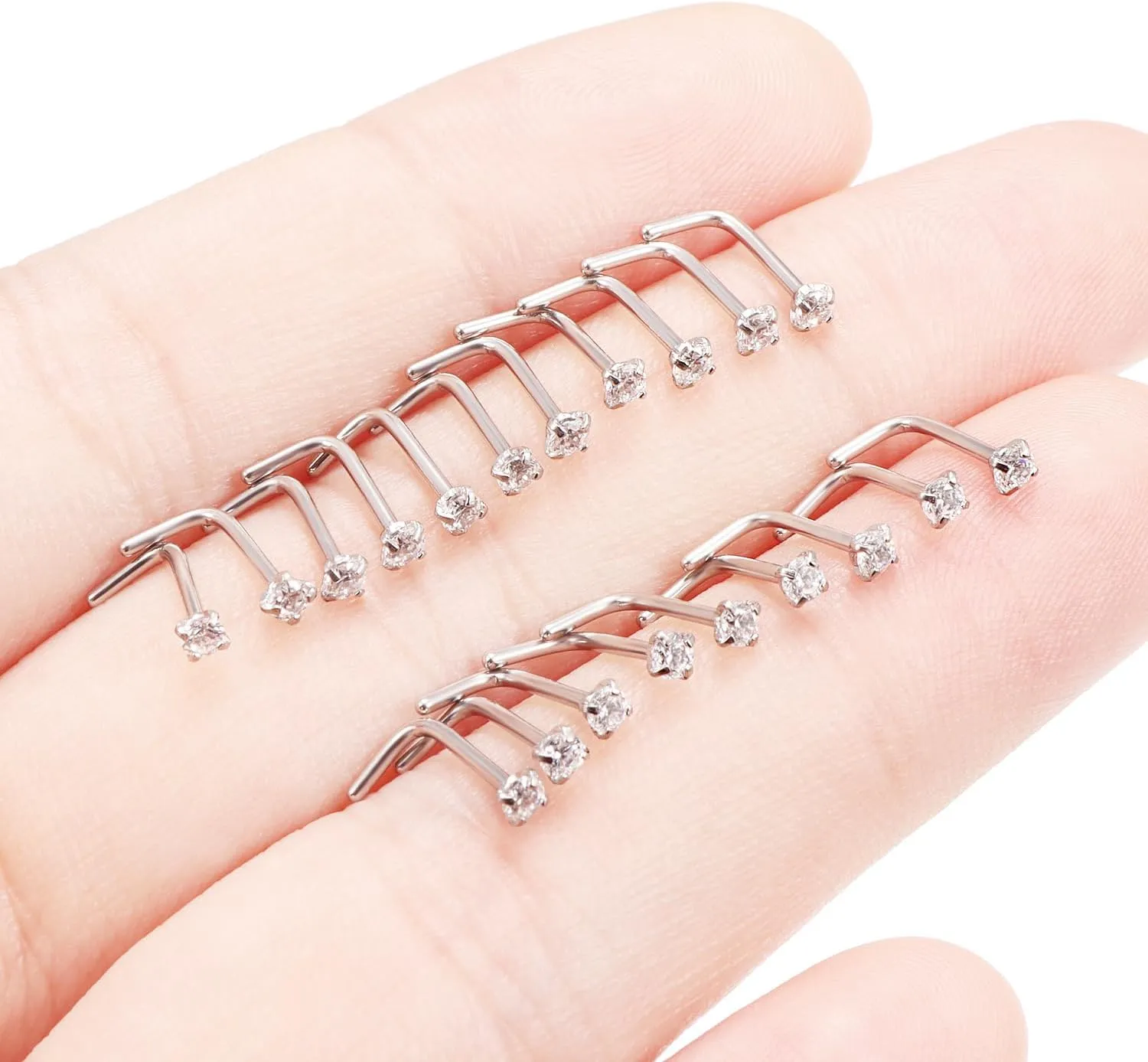 Ftovosyo 20Pcs Nose Rings Studs Surgical Steel L-Shape Nose Rings for Women 2mm Cubic Zirconia Nose Screw Studs Hypoallergenic Nose Piercings 22g 20g 18g