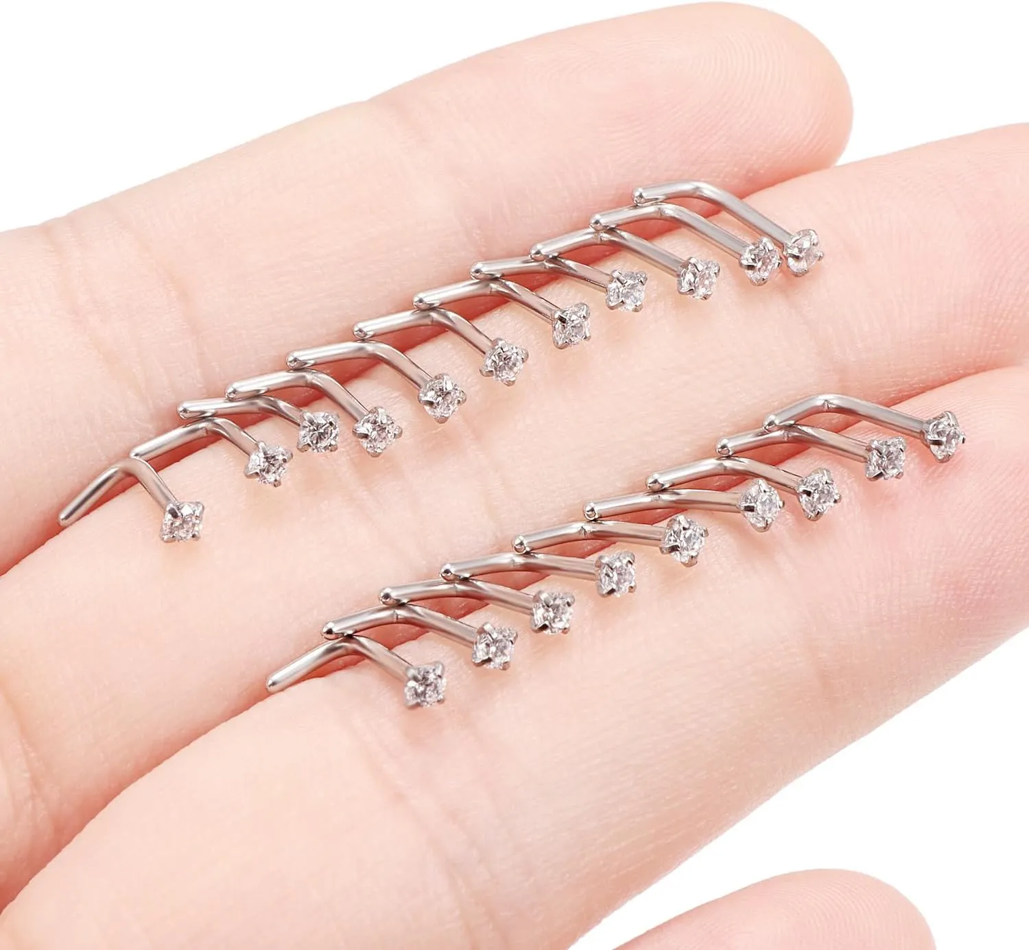 Ftovosyo 20Pcs Nose Rings Studs Surgical Steel L-Shape Nose Rings for Women 2mm Cubic Zirconia Nose Screw Studs Hypoallergenic Nose Piercings 22g 20g 18g