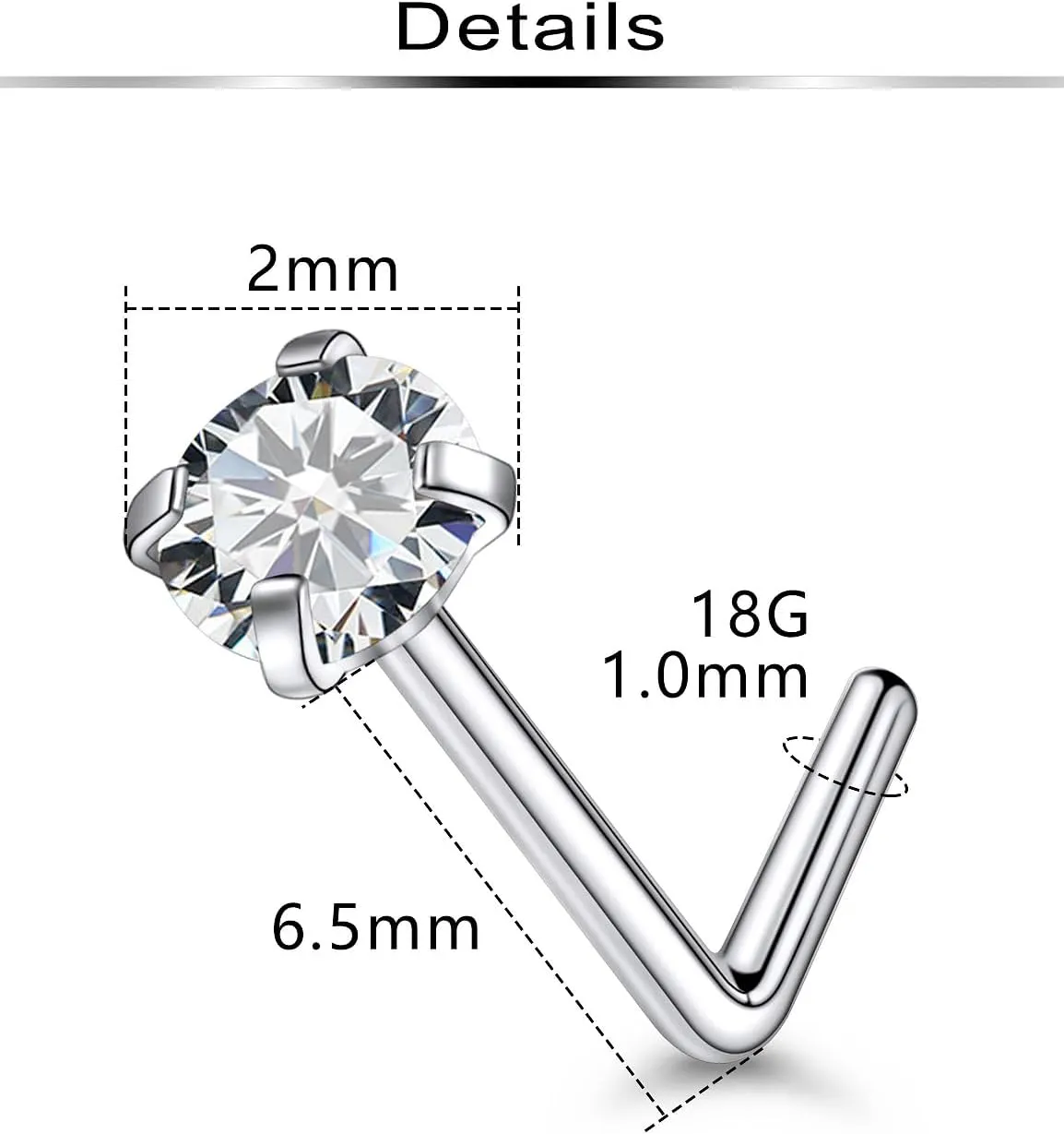 Ftovosyo 20Pcs Nose Rings Studs Surgical Steel L-Shape Nose Rings for Women 2mm Cubic Zirconia Nose Screw Studs Hypoallergenic Nose Piercings 22g 20g 18g