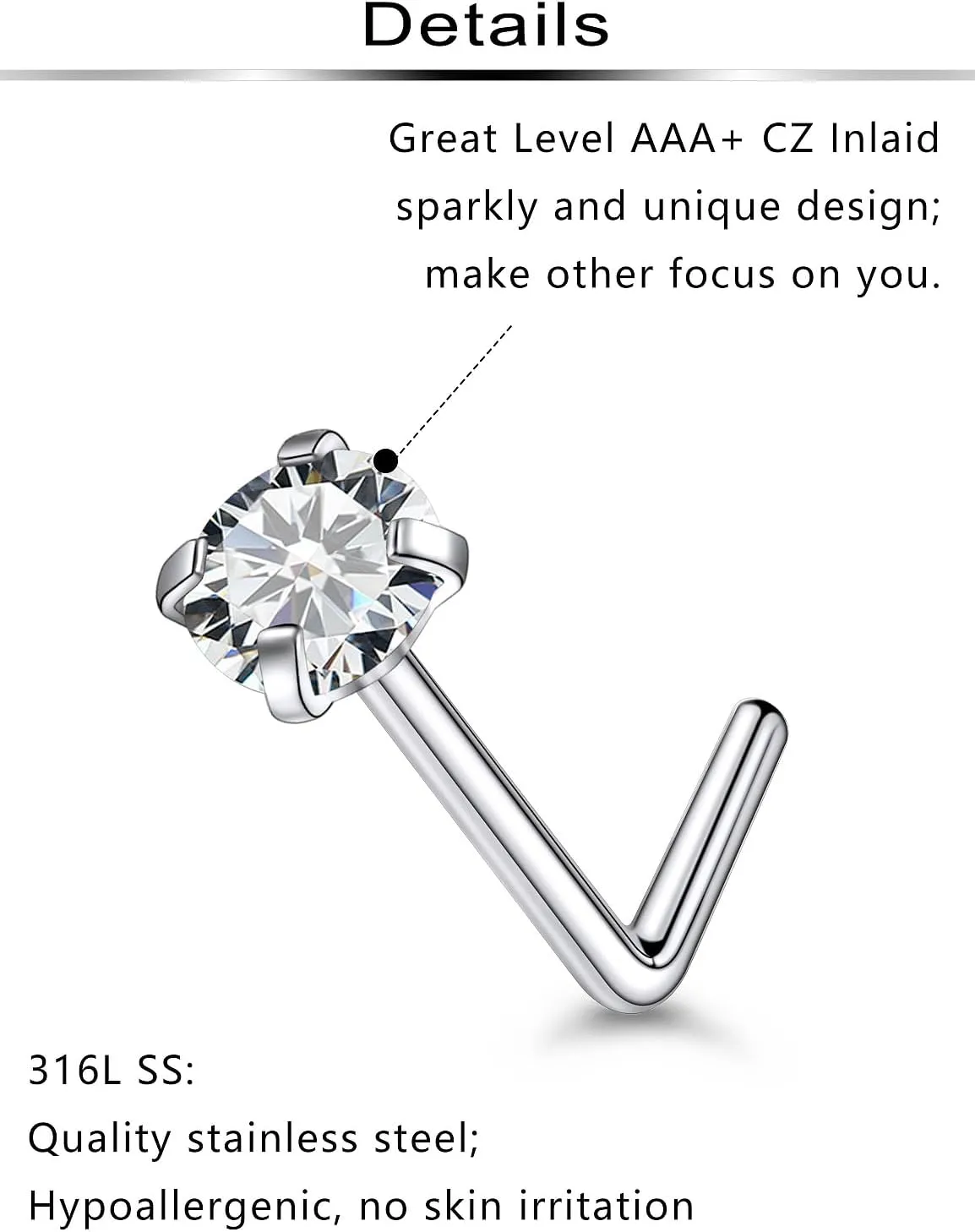 Ftovosyo 20Pcs Nose Rings Studs Surgical Steel L-Shape Nose Rings for Women 2mm Cubic Zirconia Nose Screw Studs Hypoallergenic Nose Piercings 22g 20g 18g