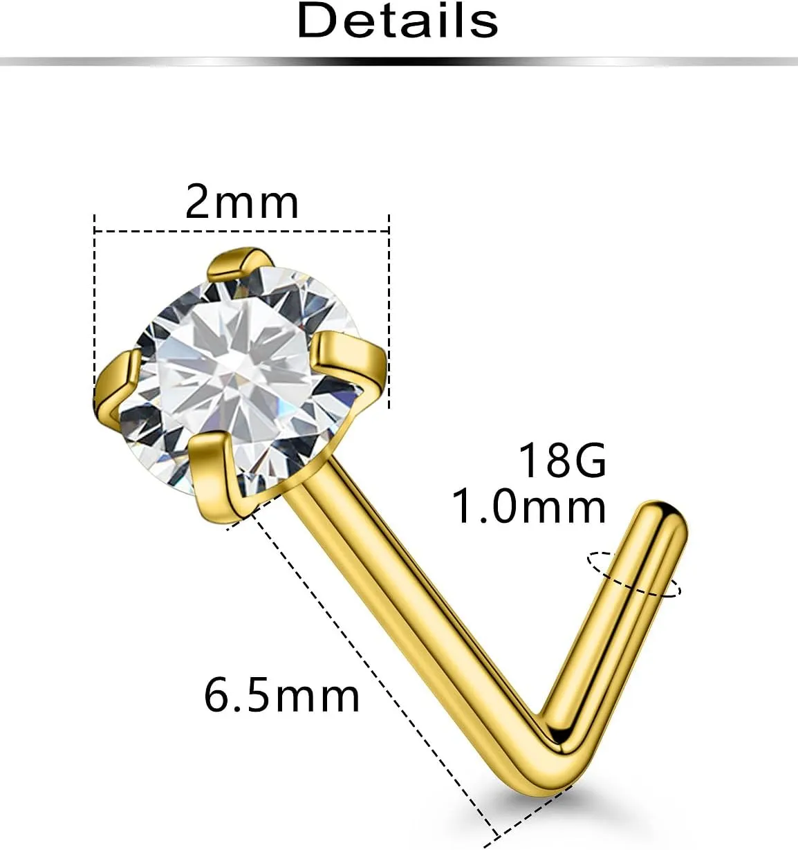 Ftovosyo 20Pcs Nose Rings Studs Surgical Steel L-Shape Nose Rings for Women 2mm Cubic Zirconia Nose Screw Studs Hypoallergenic Nose Piercings 22g 20g 18g