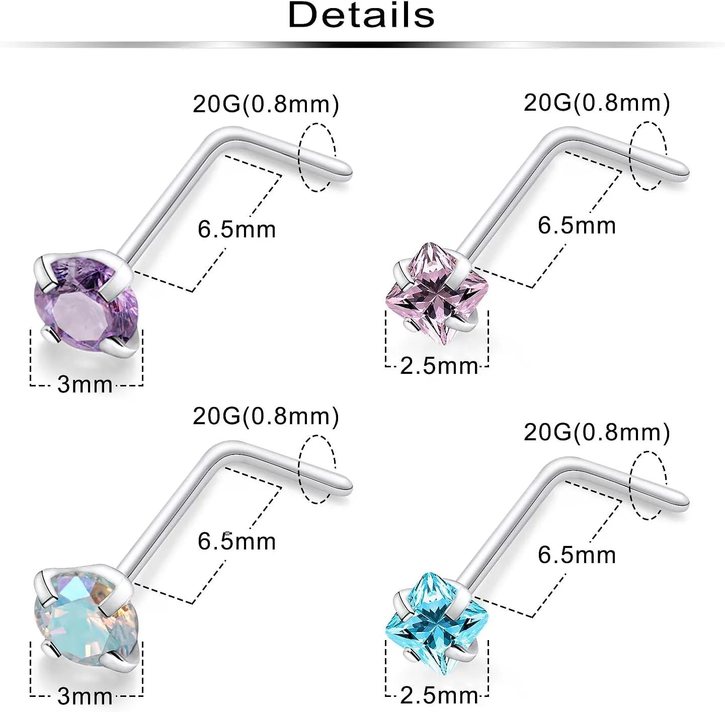 Ftovosyo Hypoallergenic Nose Rings Studs 18G & 20G Surgical Steel Nose Studs L Shaped Nostril Piercing Jewelry with Cubic Zirconia for Women & Men
