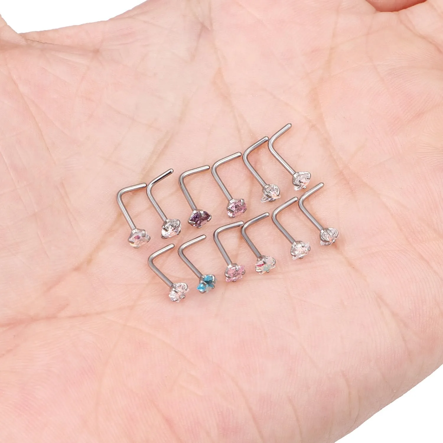 Ftovosyo Hypoallergenic Nose Rings Studs 18G & 20G Surgical Steel Nose Studs L Shaped Nostril Piercing Jewelry with Cubic Zirconia for Women & Men
