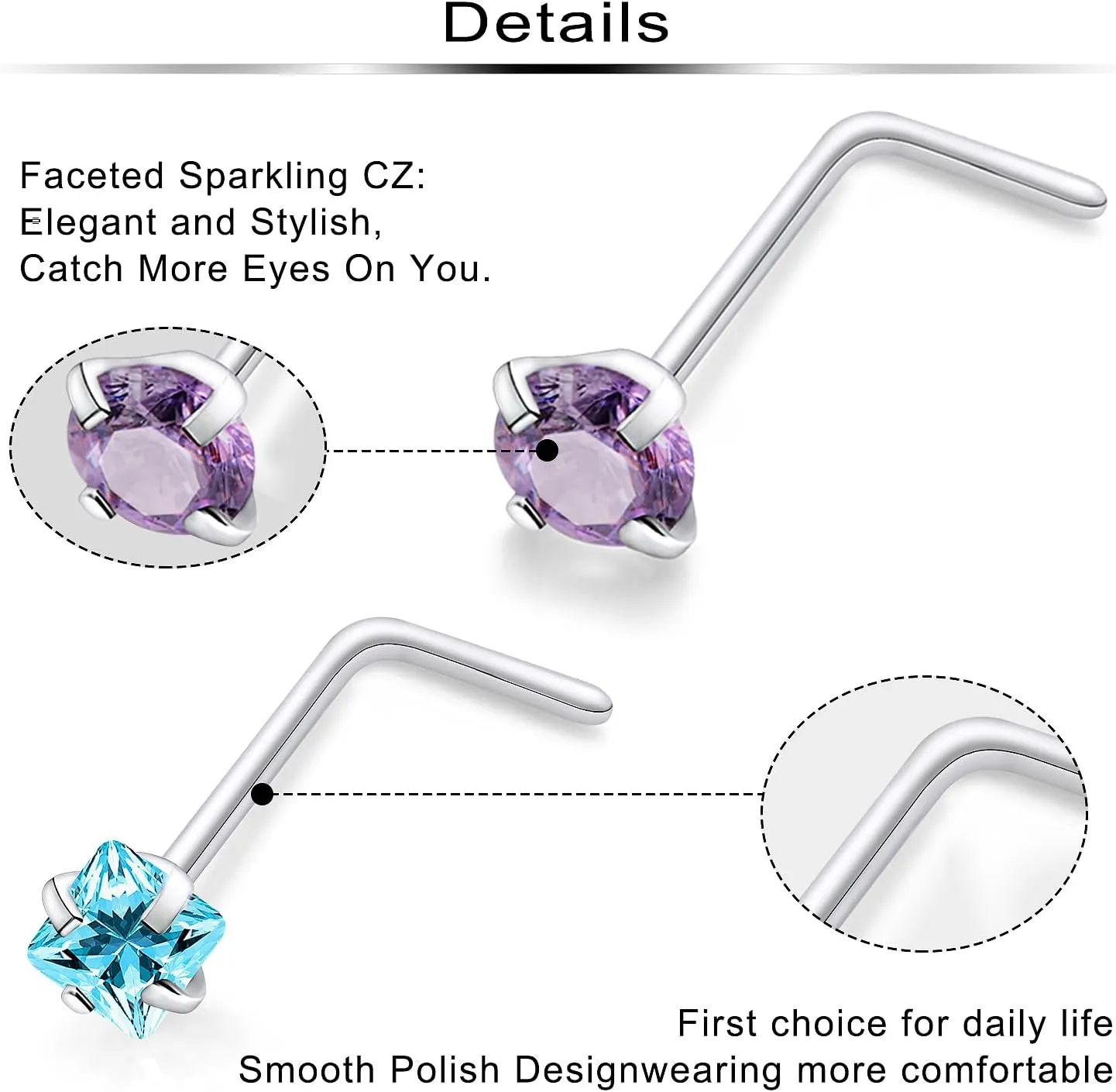 Ftovosyo Hypoallergenic Nose Rings Studs 18G & 20G Surgical Steel Nose Studs L Shaped Nostril Piercing Jewelry with Cubic Zirconia for Women & Men