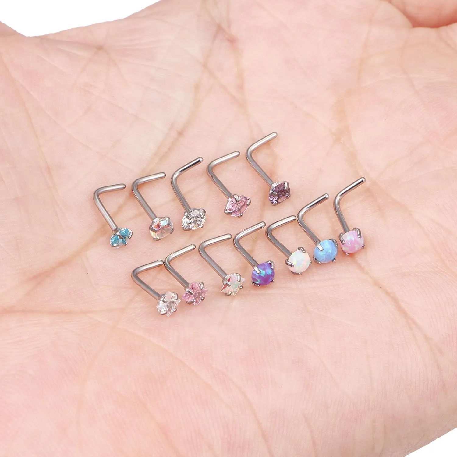 Ftovosyo Hypoallergenic Nose Rings Studs 18G & 20G Surgical Steel Nose Studs L Shaped Nostril Piercing Jewelry with Cubic Zirconia for Women & Men