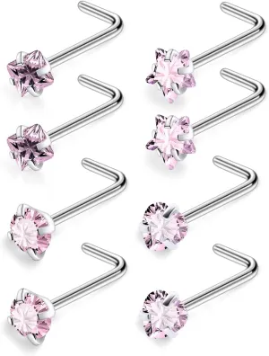 Ftovosyo Hypoallergenic Nose Rings Studs 18G & 20G Surgical Steel Nose Studs L Shaped Nostril Piercing Jewelry with Pink Cubic Zirconia for Women & Men