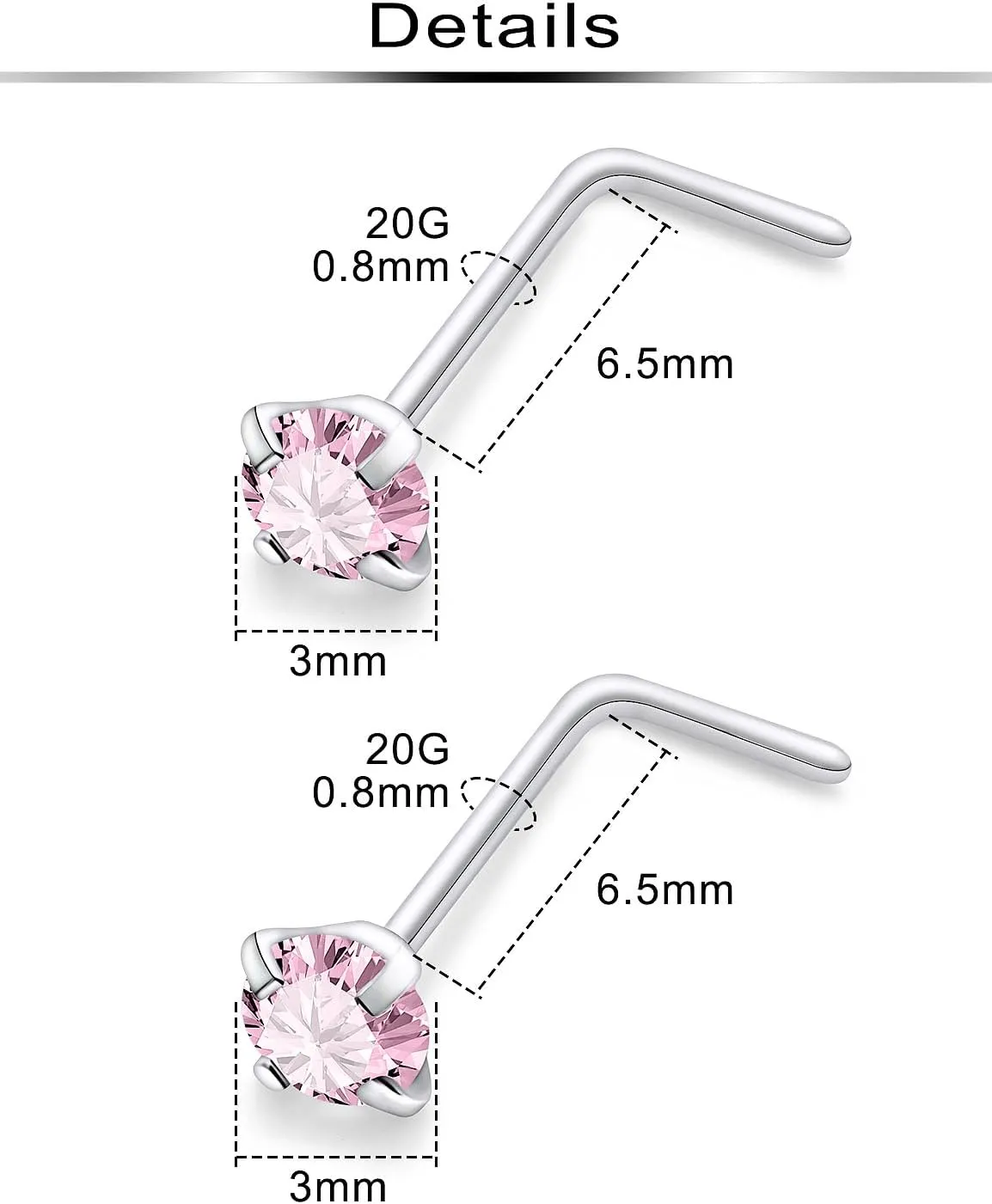 Ftovosyo Hypoallergenic Nose Rings Studs 18G & 20G Surgical Steel Nose Studs L Shaped Nostril Piercing Jewelry with Pink Cubic Zirconia for Women & Men