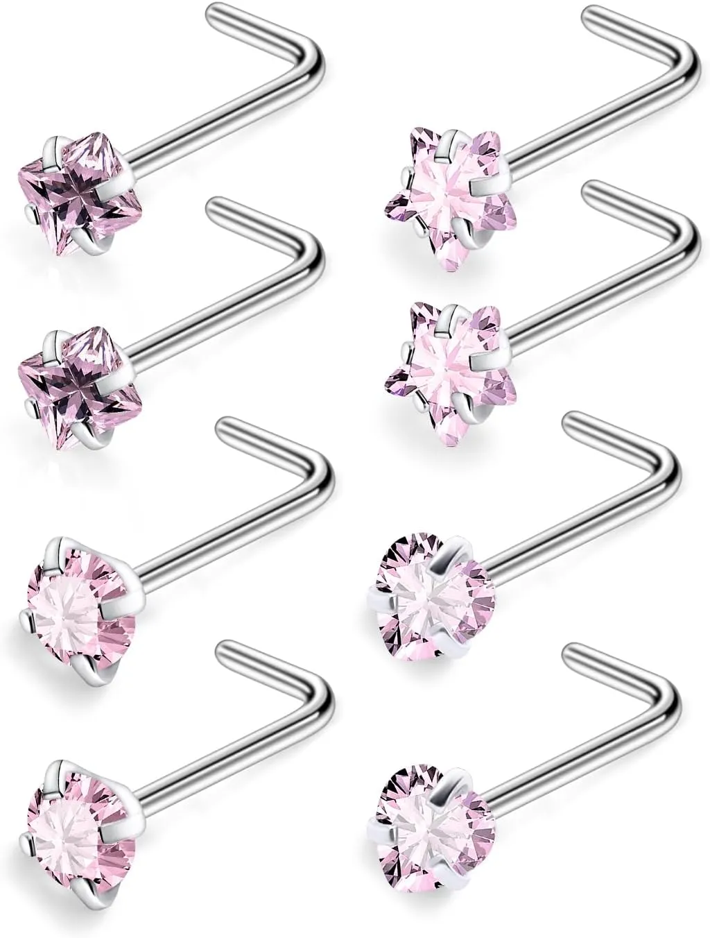 Ftovosyo Hypoallergenic Nose Rings Studs 18G & 20G Surgical Steel Nose Studs L Shaped Nostril Piercing Jewelry with Pink Cubic Zirconia for Women & Men