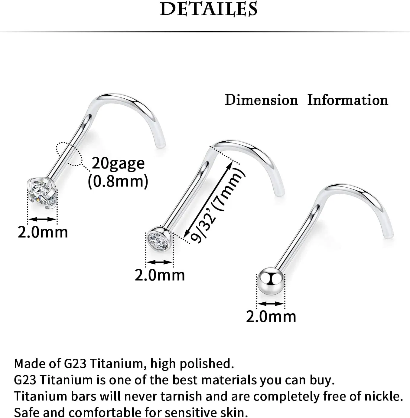 FUNLMO 6pcs/4pcs 20g Nose Rings Studs Nose Screw G23 Titanium Nose Rings Hoop Hypoallergenic Nostril Nose Piercing Jewelry for Women Men L/Screw/Straight Shape