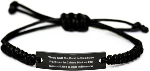 Funny Bestie Gifts for Graduation: Adjustable Black Rope Friendship Bracelets with Inspirational Quote for Best Friends, Perfect Graduation Presents from Mom, Dad, or Friend to Bestie
