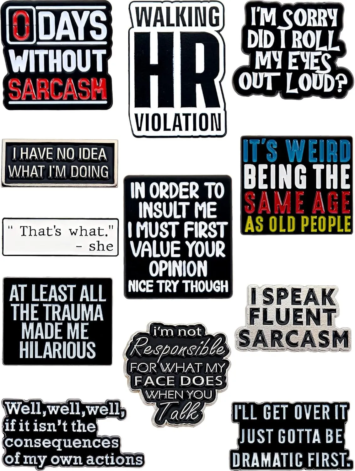 Funny Enamel Pins Set of 12  Sarcastic & Witty Quote Lapel Pins for Jackets, Backpacks, Hats & More  Collectible & Aesthetic Accessories  Unique Gift for Friends, Coworkers & Pin Collectors