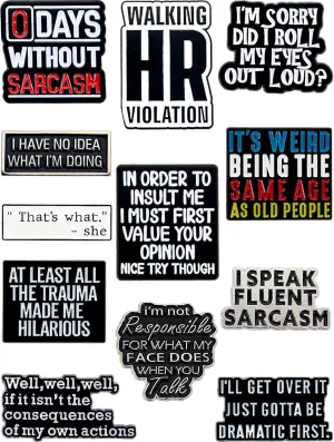Funny Enamel Pins Set of 12  Sarcastic & Witty Quote Lapel Pins for Jackets, Backpacks, Hats & More  Collectible & Aesthetic Accessories  Unique Gift for Friends, Coworkers & Pin Collectors
