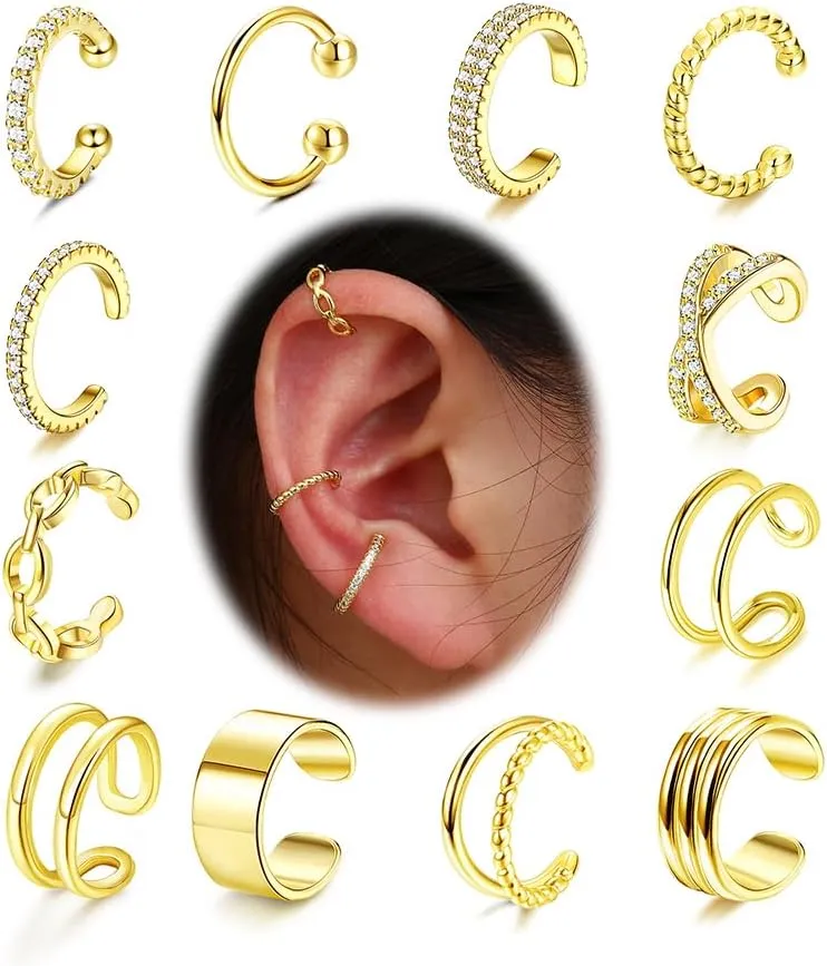 FUNRUN JEWELRY 12Pcs Ear Cuff For Women Non Piercing 14K Gold Plated Ear Cuff Gold Cuff Earrings For Women Pierced Earring Cuffs Non Pierced Lightweight