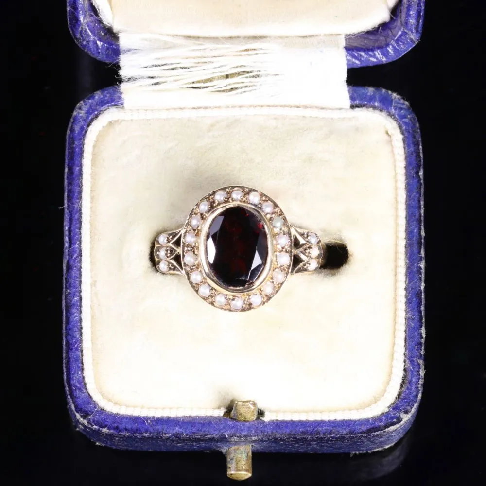 Garnet Pearl Cluster Ring 9Ct Gold