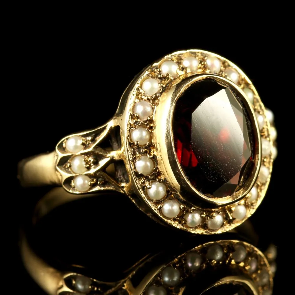 Garnet Pearl Cluster Ring 9Ct Gold