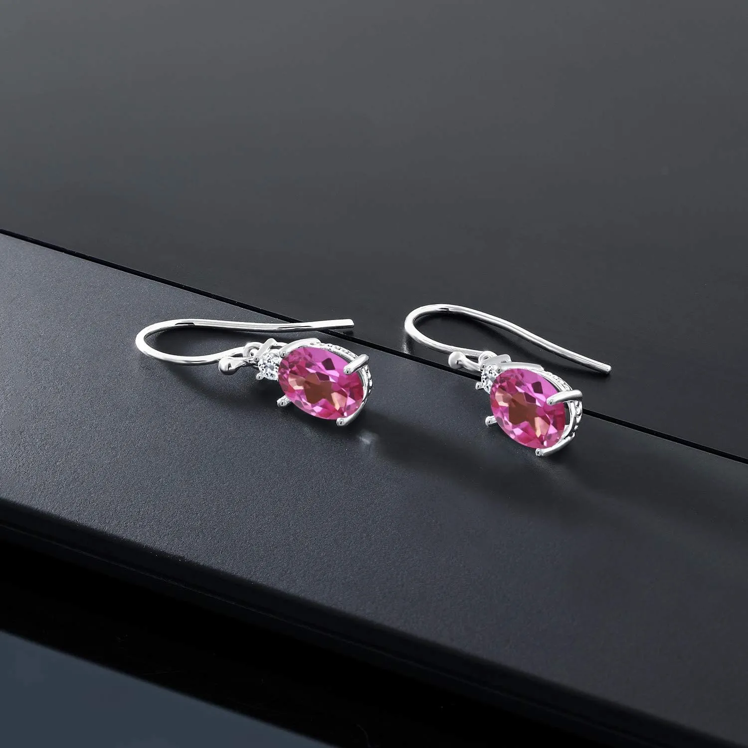 Gem Stone King 10K White Gold Gemstone Birthstone and White Topaz Dangle Earrings For Women | Oval 8X6MM and Round 2.5MM | Elegant Drop Design with Classic French Wire Hooks | Fine Jewelry Earrings