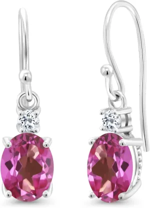 Gem Stone King 10K White Gold Gemstone Birthstone and White Topaz Dangle Earrings For Women | Oval 8X6MM and Round 2.5MM | Elegant Drop Design with Classic French Wire Hooks | Fine Jewelry Earrings