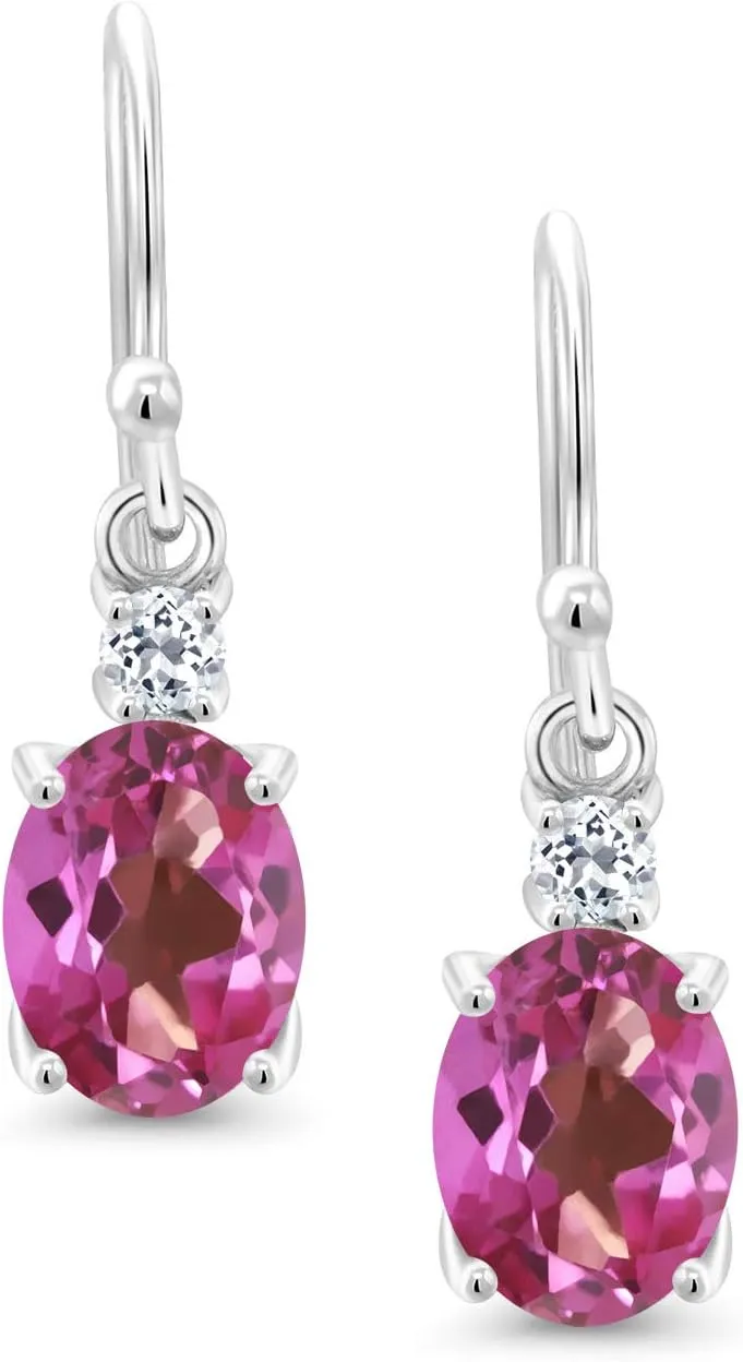 Gem Stone King 10K White Gold Gemstone Birthstone and White Topaz Dangle Earrings For Women | Oval 8X6MM and Round 2.5MM | Elegant Drop Design with Classic French Wire Hooks | Fine Jewelry Earrings