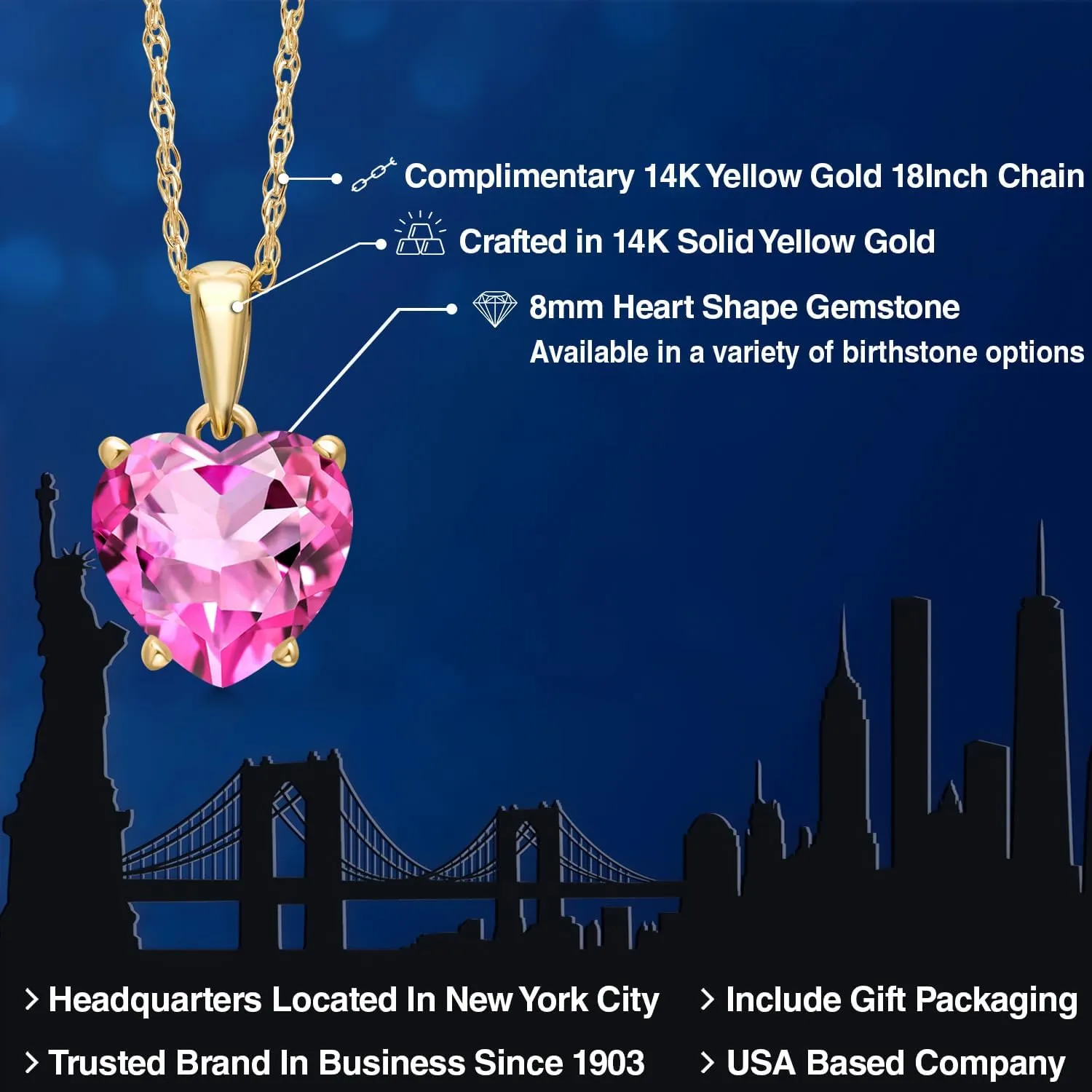 Gem Stone King 14K Yellow Gold 8MM Heart Shape Gemstone Birthstone Pendant Necklace for Women | Gold Necklace For Women | With 18 Inch Rope Gold Chain | Fine Jewelry Gifts for Her Mom Women Wife
