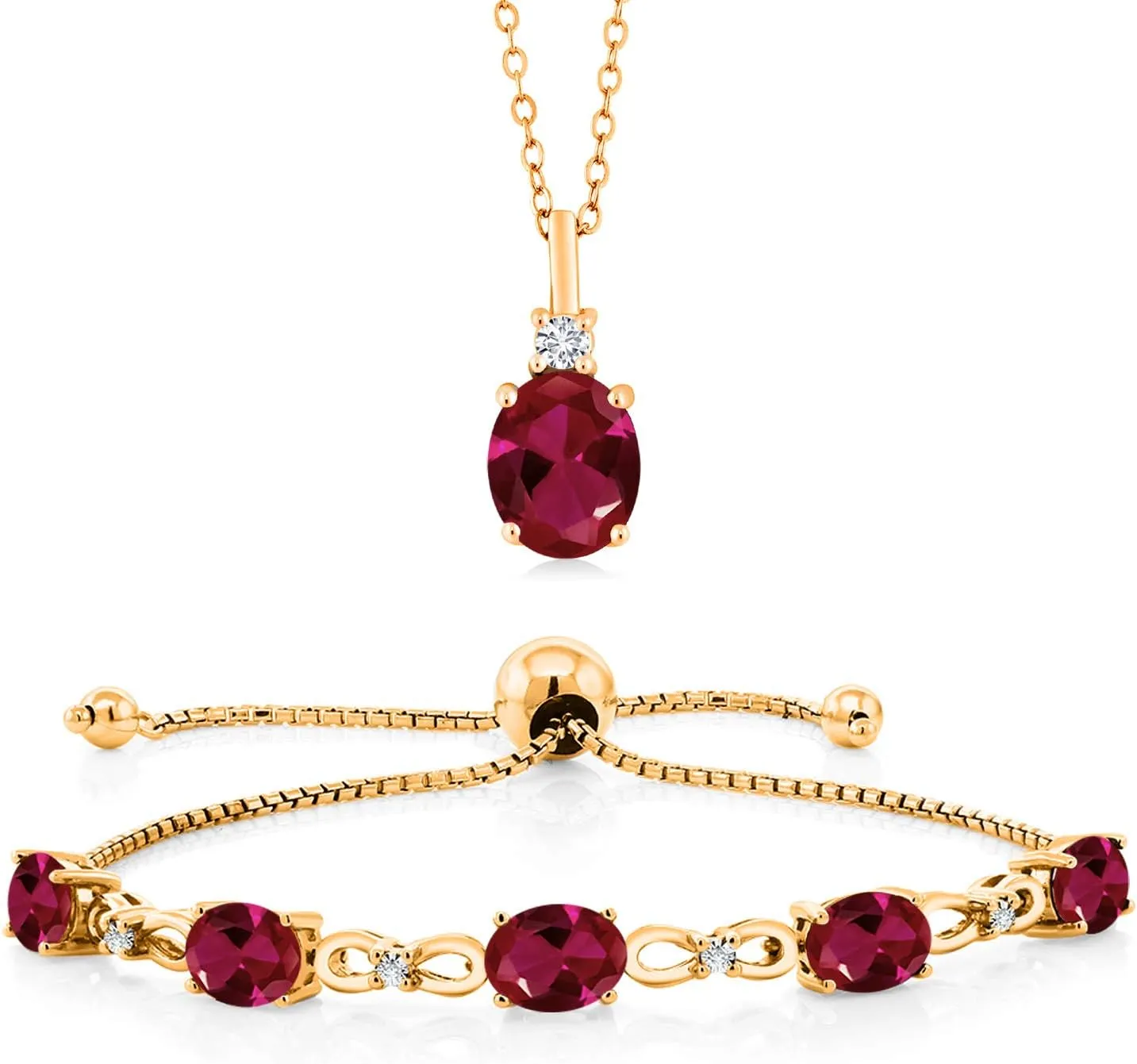 Gem Stone King 18K Yellow Gold Plated Silver Oval Red Created Ruby and White Lab Grown Diamond Pendant and Bracelet Jewelry Set For Women (7.03 Cttw, Fully Adjustable Up to 9 Inch)